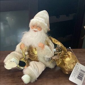 NWT Elegant Gold and White Holiday Decor Figure, sitting Santa